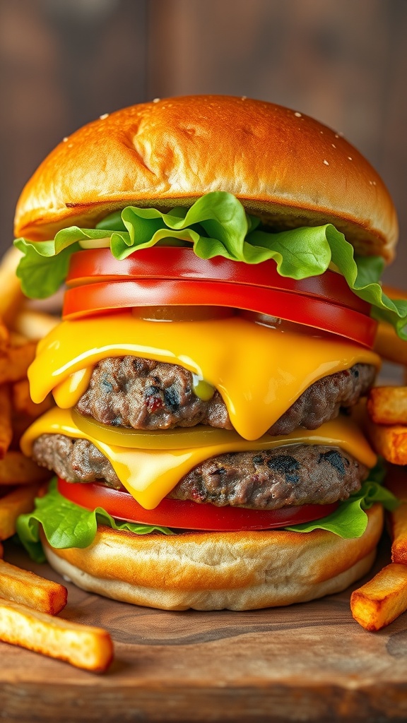 A delicious cheeseburger with lettuce, tomato, cheddar cheese, and pickles next to crispy fries on a wooden table.